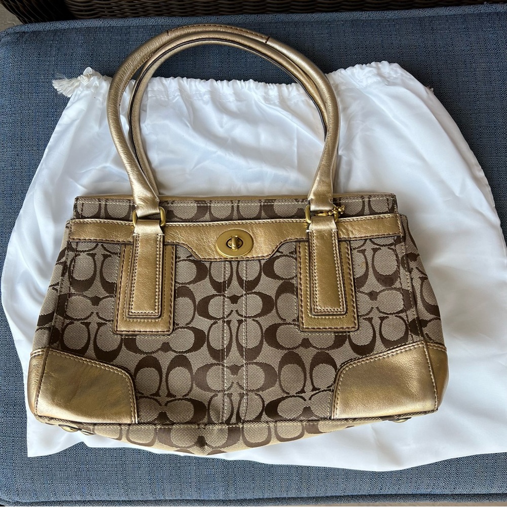 Coach Brown and Gold Shoulder Bag with Signature Monogram